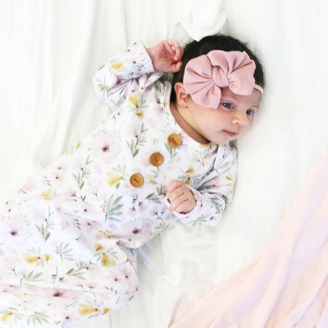 Maeve's Mauve & Mustard Floral Newborn Baby Knot Gown & Hat Set | Caden Lane