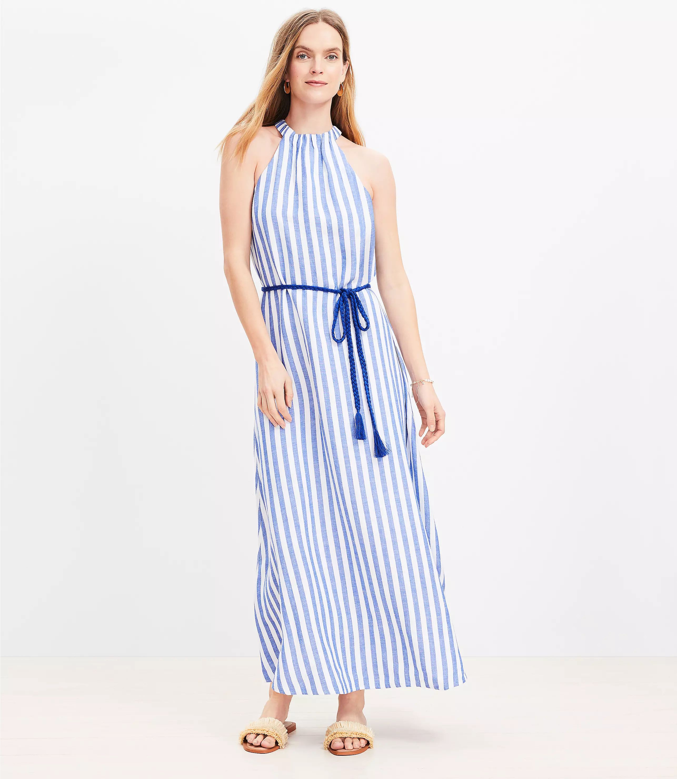 Striped Linen Blend Belted Halter Maxi Dress | LOFT