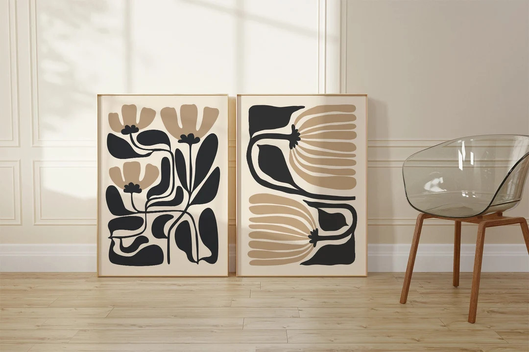 Abstract Beige Black Flower Art Print Set of 2, Digital Download, Matisse Style Flower, Mid Centu... | Etsy (US)