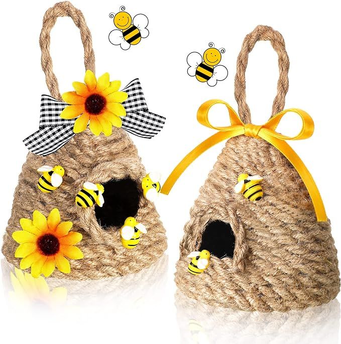 2 Pcs Mini Beehive Farmhouse Bee Summer Tiered Tray Decor Farmhouse Coffee Table Decor Spring Sun... | Amazon (US)