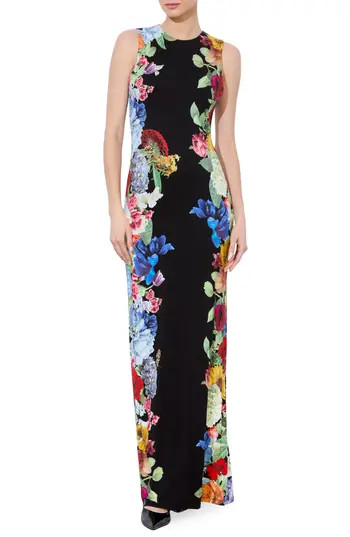 Alice + Olivia Delora Placed Floral Open Back Maxi Dress in Garden Brunch Black at Nordstrom Rack, Size 6 | Nordstrom Rack
