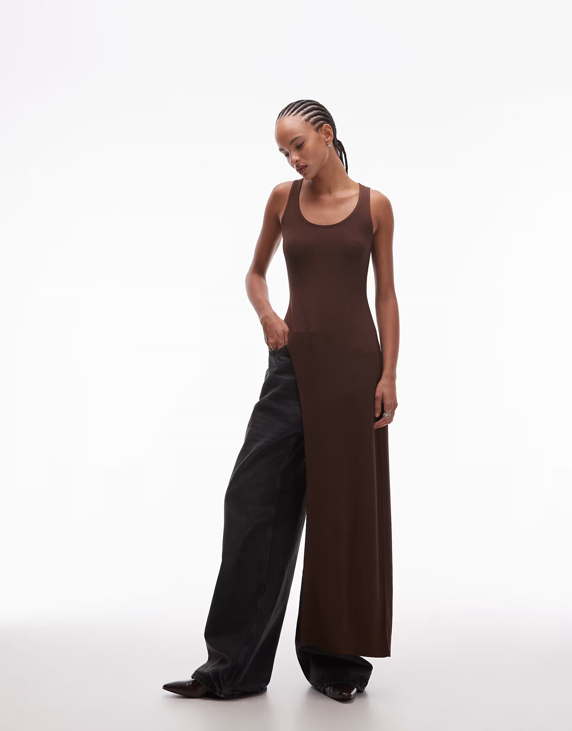 ASOS DESIGN asymmetric longline scoop neck vest in chocolate | ASOS (Global)
