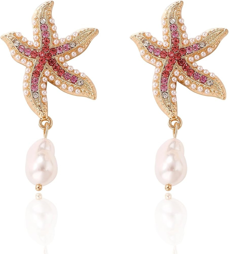 Starfish Earrings Rhinestone Dangle Studs Earrings for Women Girls Lightweight Cute Holiday Jewel... | Amazon (US)