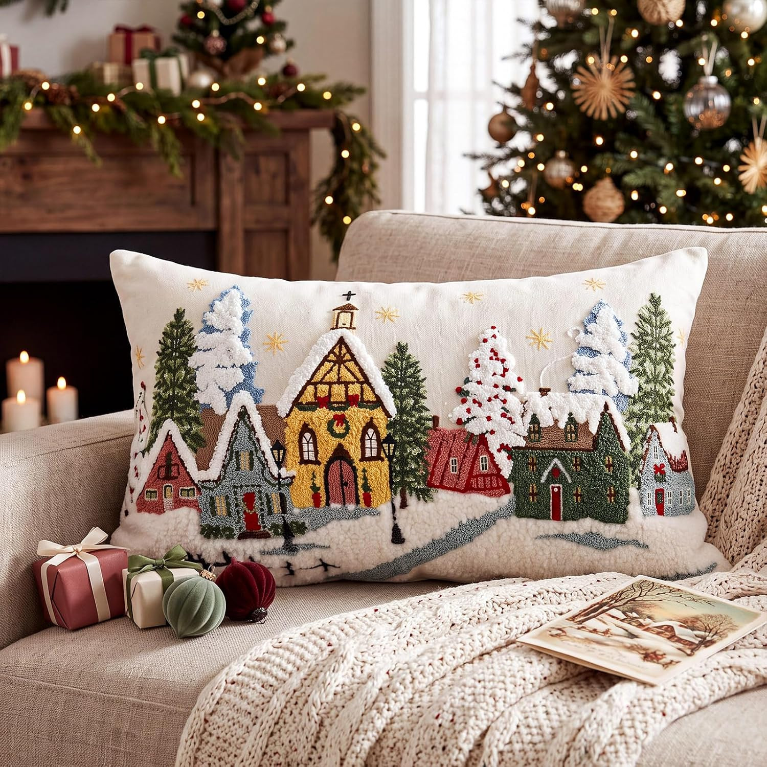 Boao Christmas Village Pillow Covers 12x20 Chenille Snowy Town Scene Tree | Amazon (US)