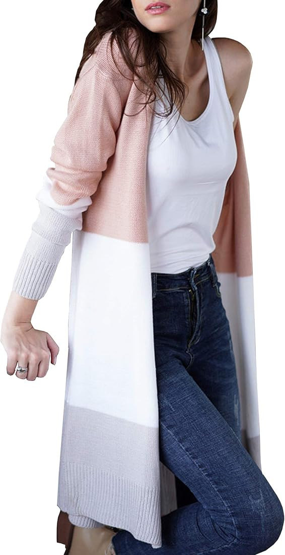 ECOWISH Womens Cardigan Color Block Striped Draped Kimono Cardigans Long Sleeve Open Front Casual... | Amazon (US)