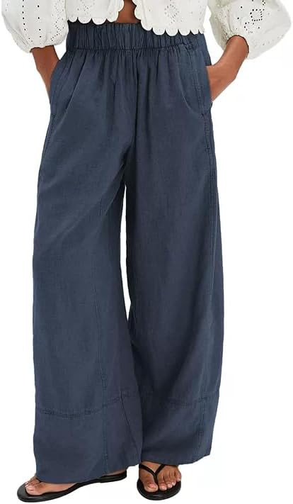 Linen Pants for Women Cotton Elastic Waist Boho Palazzo Wide Leg Pants Beach Vacation Casual Trou... | Amazon (US)