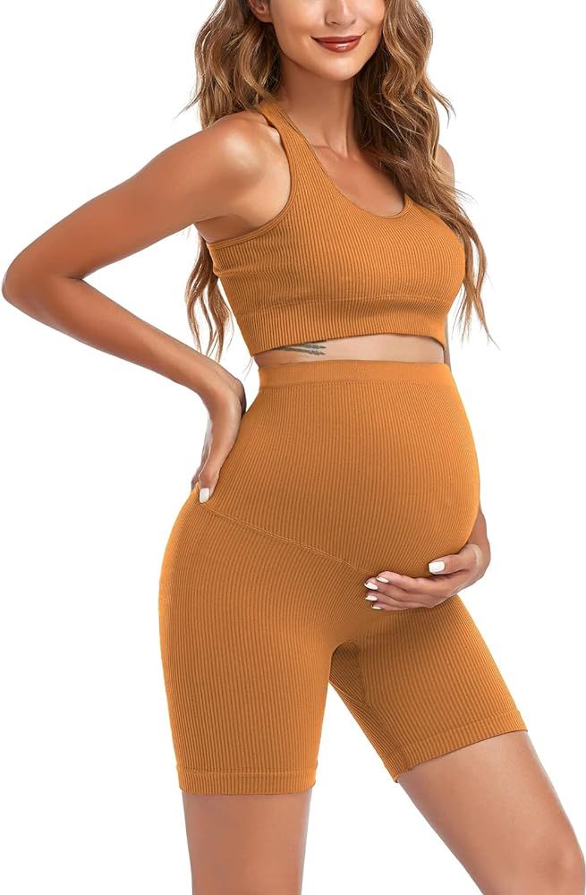Lataly Maternity for Women 2Piece ，Seamless Ribbed Built in Maternity Bra High Waist Elasticity... | Amazon (US)