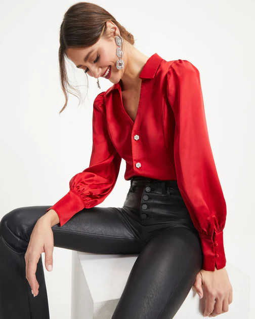 A Lovely Time Satin Embellished Button Down Top - Red | VICI
