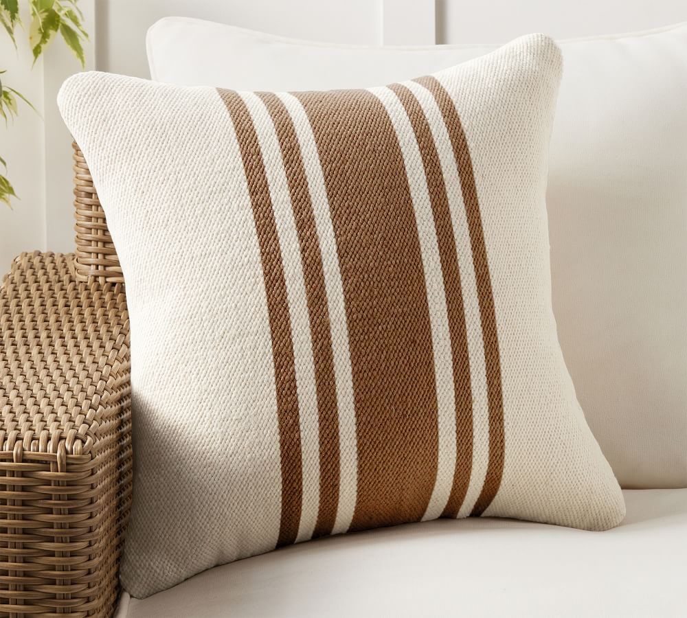 Modern Farmhouse Striped Indoor/Outdoor Pillow, 20&amp;quot; x 20&amp;quot;, Tobacco | Pottery Barn (US)