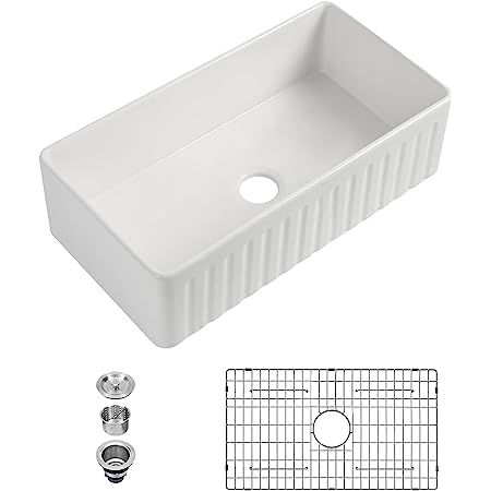 Fireclay Sink, Single Bowl Farmhouse Apron Kitchen Sink, Flat or Fluted Reversible Installation O... | Amazon (US)