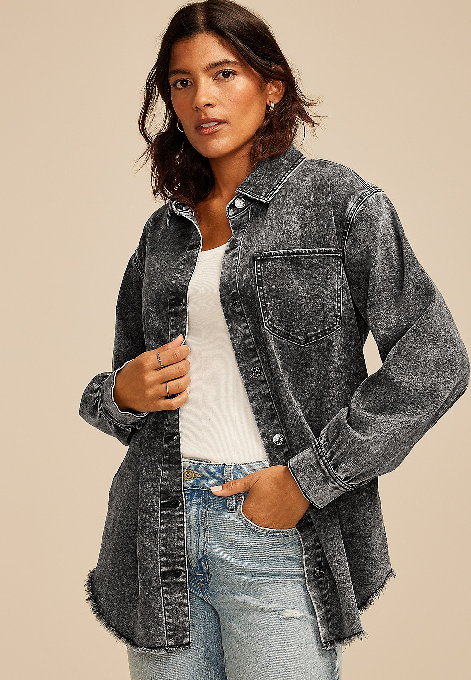 Washed Black Fray Hem Shacket | Maurices