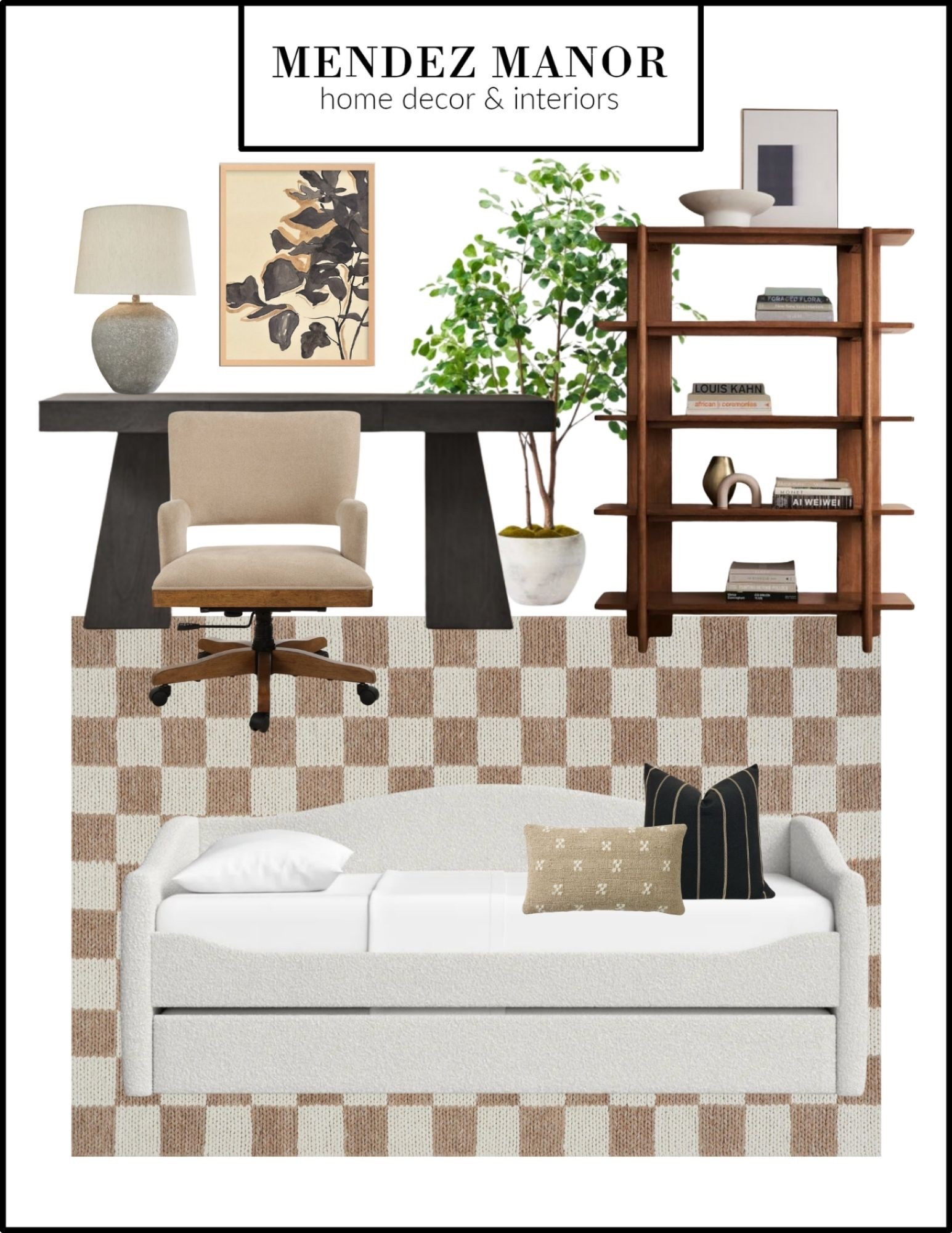 Office / guest bedroom design with a checkered area rug and day bed with trundle. Perfect for working from home and holiday guests alike! 

#daybed #office #furniture #bookshelf #arearug#deskchair

#LTKmomlife #LTKHome #LTKCyberWeek