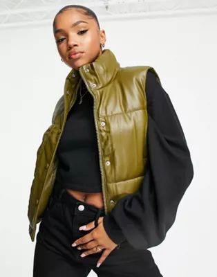 JDY faux leather padded vest in dark olive | ASOS (Global)