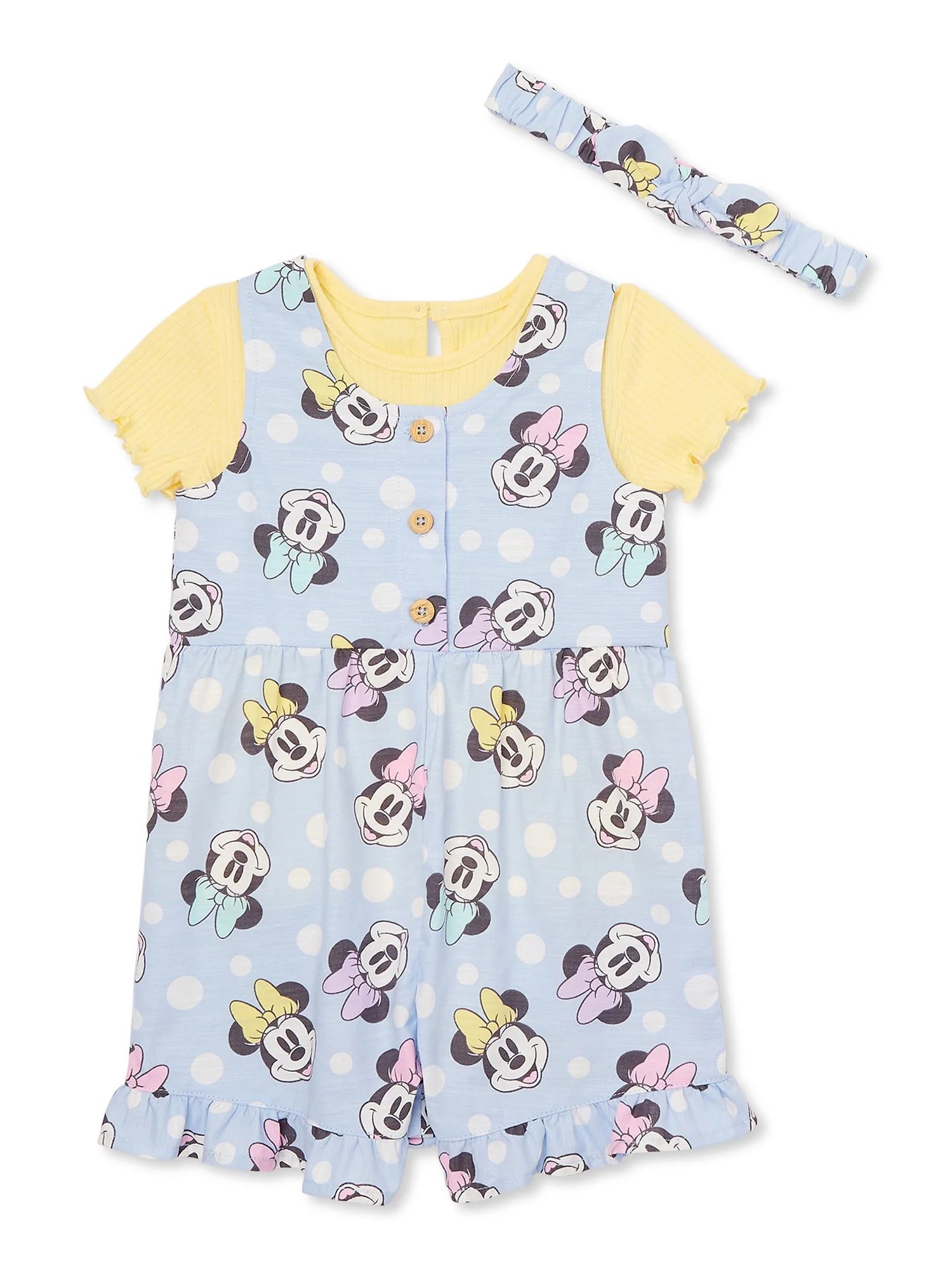 Minnie Mouse Baby Girl Shortall and Tee Outfit Set with Headband, Sizes 0/3M-24M | Walmart (US)