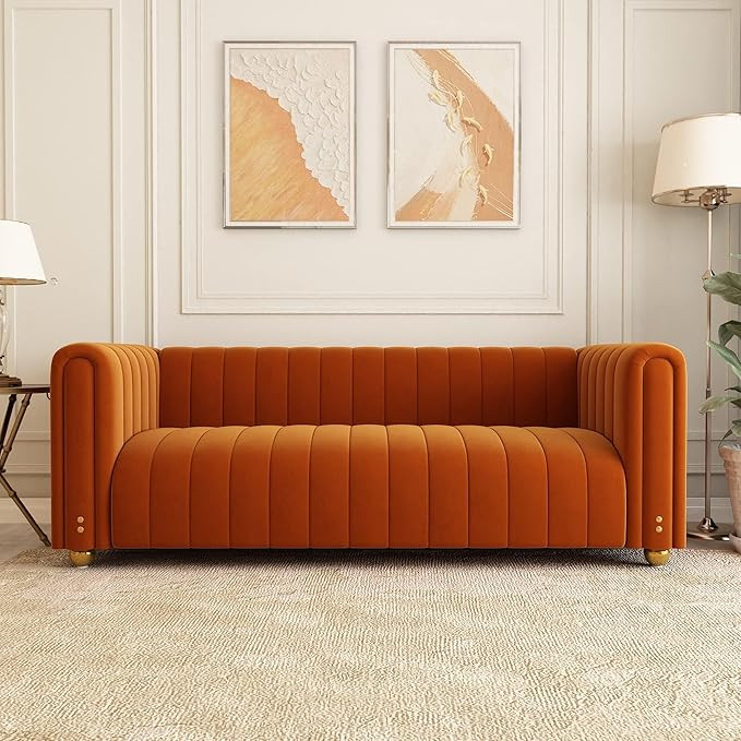 81" Orange Velvet Sofa Mid Century Modern Couch for 3 Person Chesterfield Tufted Velvet Couches f... | Amazon (US)