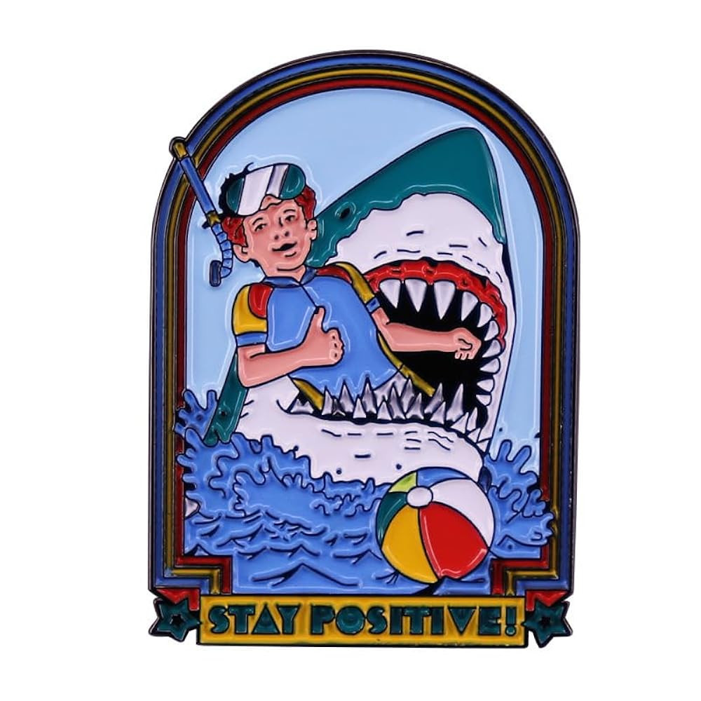Stay Positive Funny Enamel Lapel Pin Swimming meets sharks badge brooch for backpack and coat | Amazon (US)