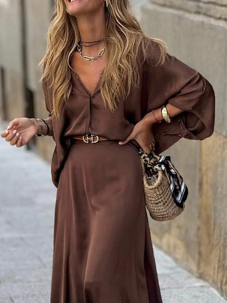 Solivie Women's Elegant Autumn Shirt Dress 2 Pieces Set, Mocha Brown Vintage French Style Autumn ... | SHEIN