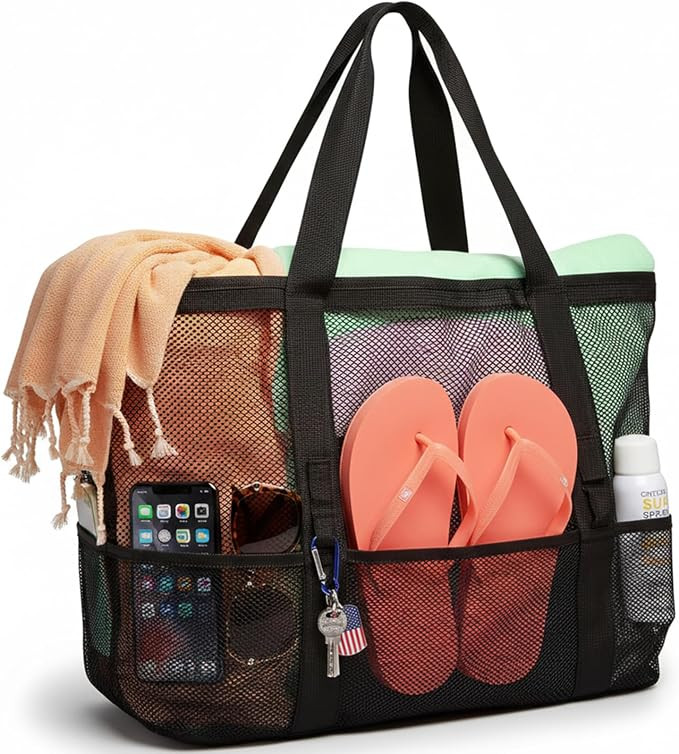 F-color Mesh Beach Bag Family - Large Tote Bag 9 Pockets for Swim Pool Toys Cruise Beach Vacation... | Amazon (US)