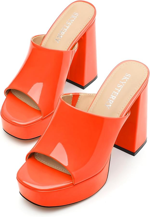 Chunky Block High Heels Sandals, Square Open Toe Heels, Patent Leather Slip On Platform Mule Heel... | Amazon (US)