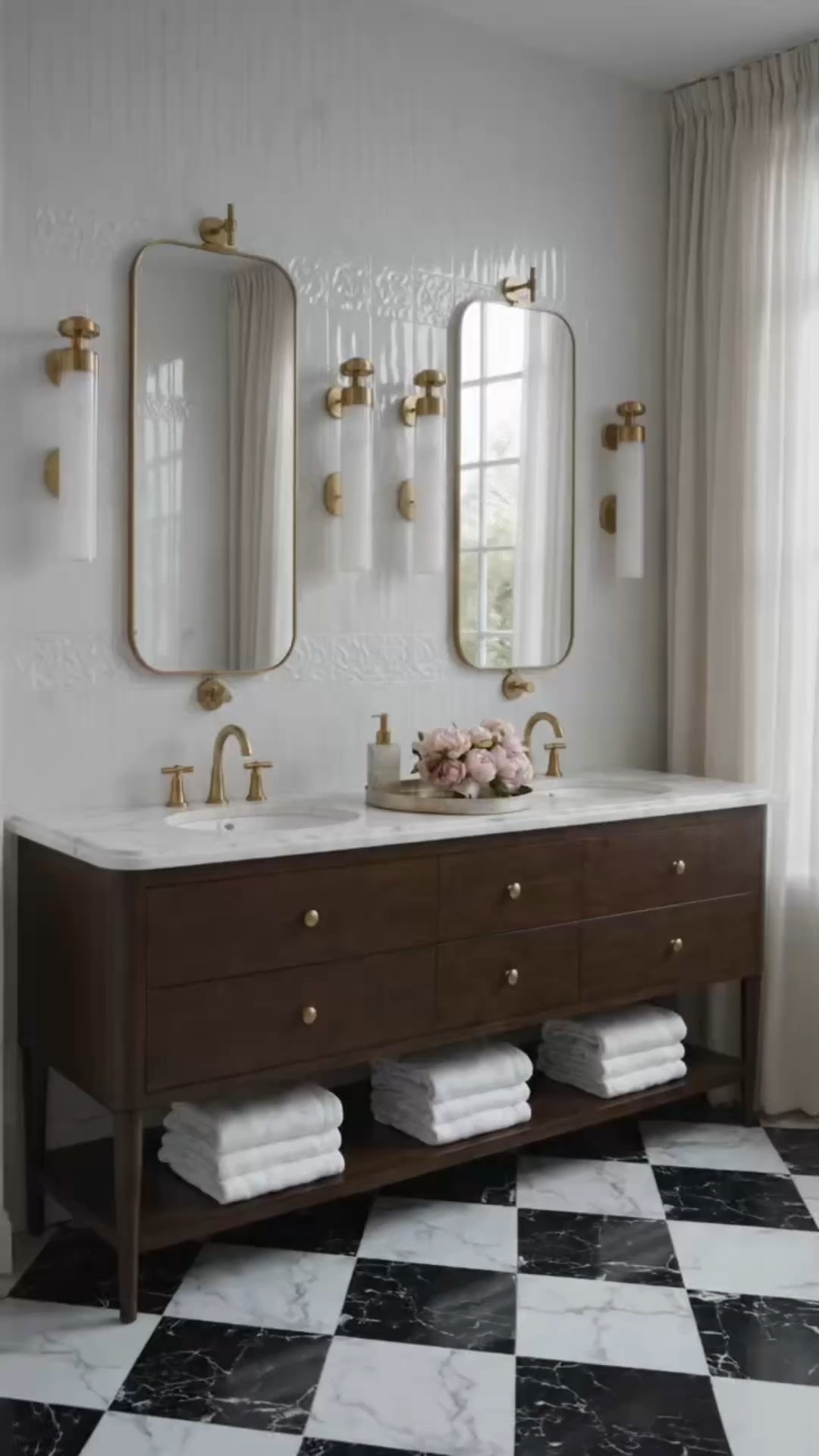 A primary bathroom should feel like a beautifully furnished room—not simply a functional space. ✨

The statement piece here is the Arhaus double vanity. Its warm wood finish, furniture-inspired silhouette, honed natural stone top, and refined brass hardware give the entire bathroom a timeless, collected feeling. Thoughtful storage and soft-close drawers keep everyday essentials organized, while the open lower shelf creates the perfect place for neatly folded bath towels.

I love how the graceful brass mirrors and sculptural bath sconces repeat the warm metallic details without making the room feel overly formal. Paired with elegant brass faucets, soft drapery, simple bath accessories, and the bold black-and-white marble floor, the result feels modern classic, polished, and designed to last.

If you’re planning a primary bathroom refresh, investing in a beautifully crafted vanity can transform the entire space and make everyday routines feel so much more luxurious.

#LTKDayInMyLife #LTKHome #LTKSaleAlert #Arhaus #PrimaryBathroom #MasterBathroom #BathroomVanity #DoubleSinkVanity #DoubleVanity #BathLighting #BathroomSconce #BathroomMirror #BathroomFaucet #BrassFaucet #BathTowels #TowelArrangement #BathAccessories #BathroomStorage #ModernClassic #BathroomDesign #LuxuryBathroom #TimelessDesign #HomeRenovation

#LTKdayinmylife #LTKHome #LTKSaleAlert