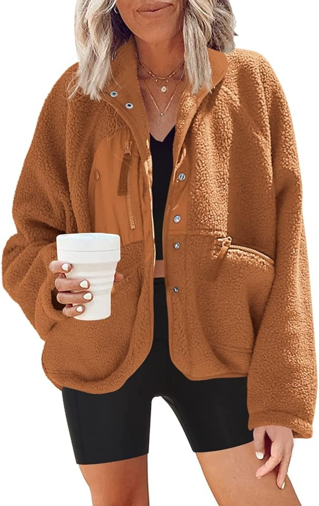 Nirovien Womens Fuzzy Fleece Jacket Button Down Shacket Casual Sherpa Coats Warm Outwear With Poc... | Amazon (US)