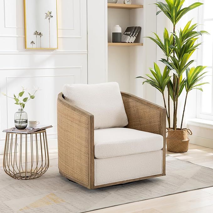 Swivel Barrel Chair, 360 Degree Rattan Sofa Chair for Living Room, Beige Round Leisure Armchair f... | Amazon (US)