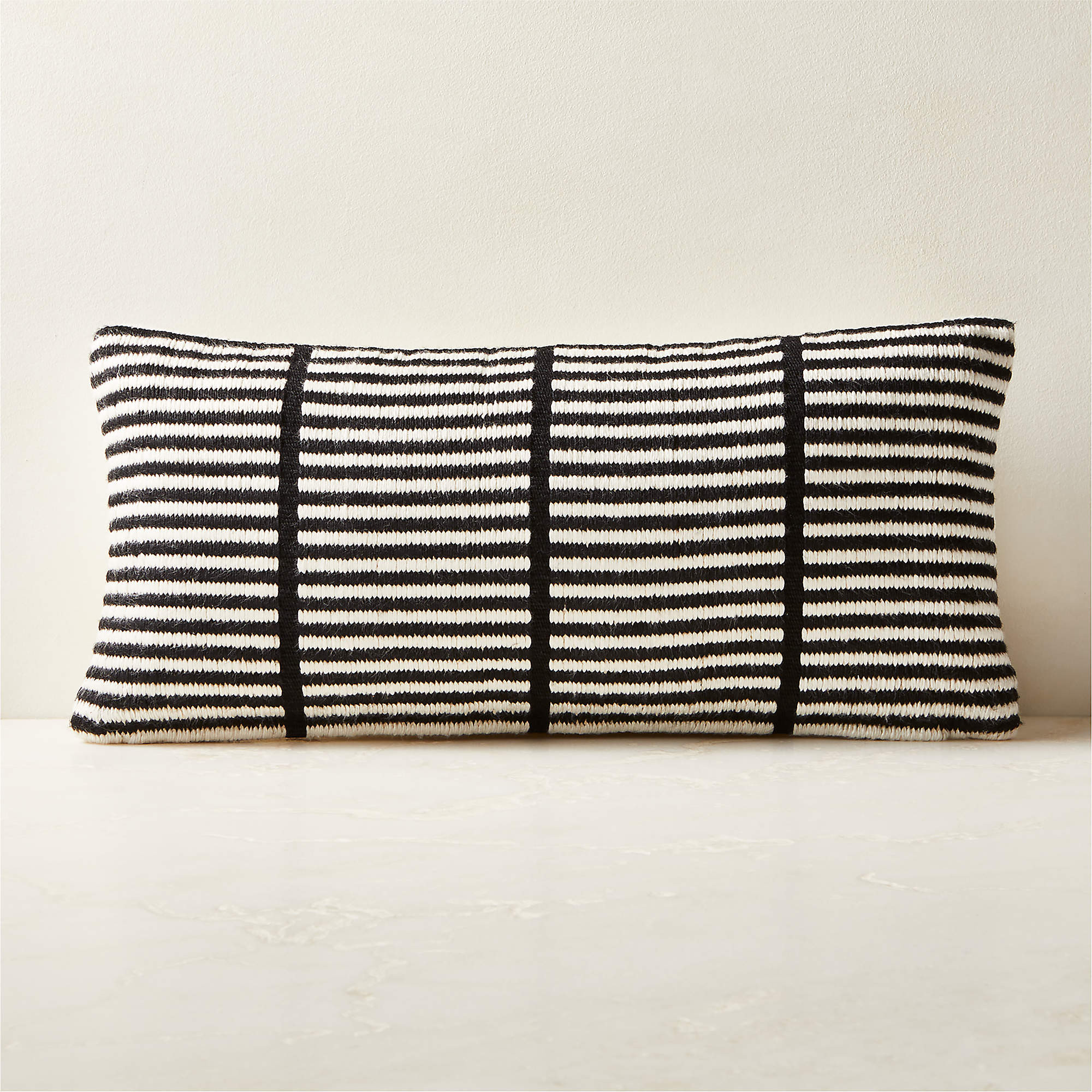 Stria Black and White Woven Silk Lumbar Pillow Cover 23''x11'' by Ackerman | CB2 | CB2