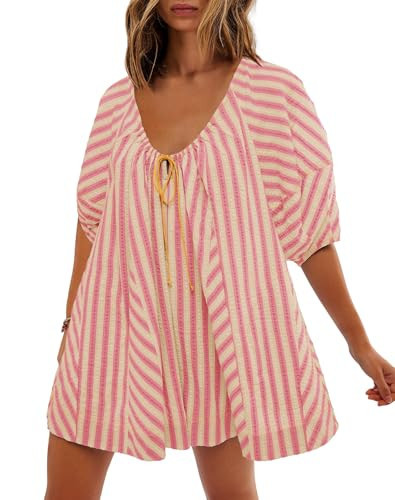 SENSERISE Womens Oversized Striped Romper Dress Shorts Jumpsuit Travel Outfit Beach Vacation Clothes with Pockets(Pink,S) | Amazon (US)