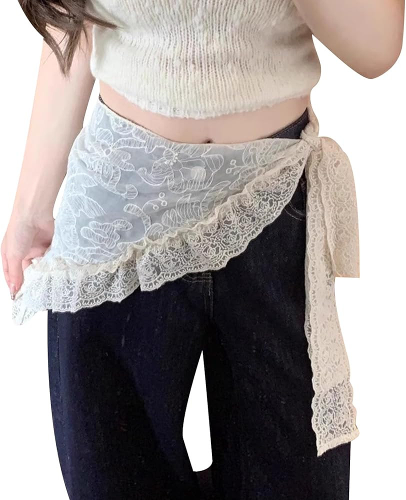 Women Lace Cover Up Skirt Y2k Hip Scarf Belt Tie Side Sheer Lace Wrap Skirt Asymmetrical Flowy La... | Amazon (US)