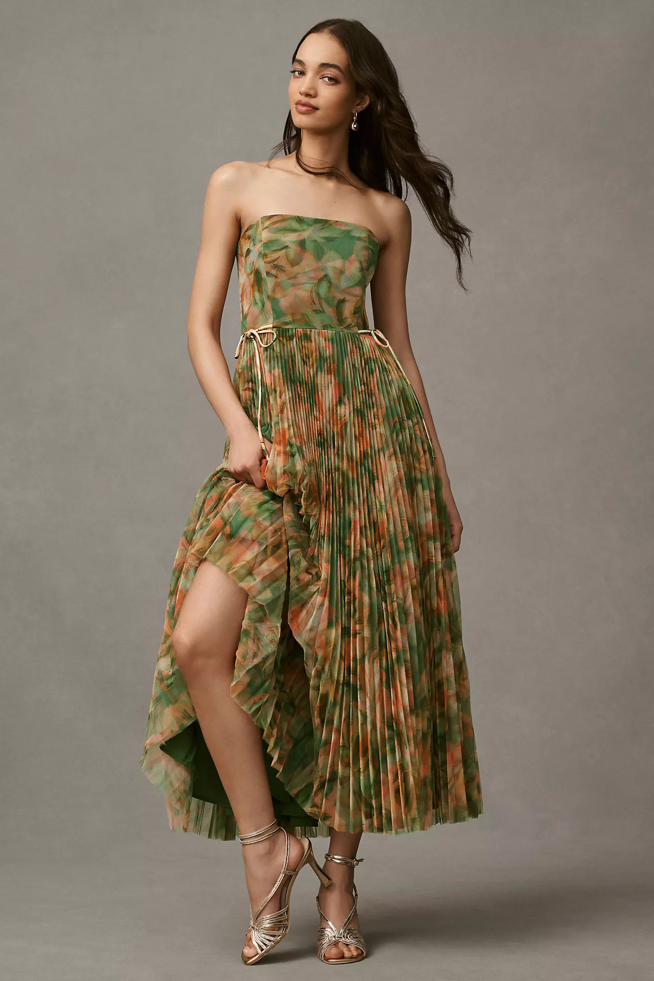 Hutch Costella Strapless Pleated Floral Tulle Midi Dress | Anthropologie (US)
