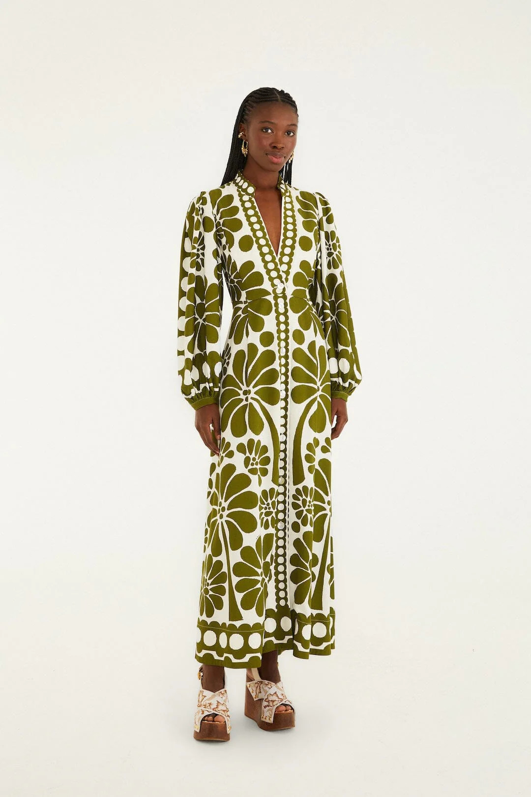 Green Palermo Buttoned Puff Sleeve Maxi Dress | FARM Rio | FarmRio (US)