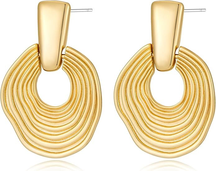 Gold Earrings Chic Vintage Earring Ripple Textured Dangle Hoop Doorknocker Earrings Gold Plated E... | Amazon (US)