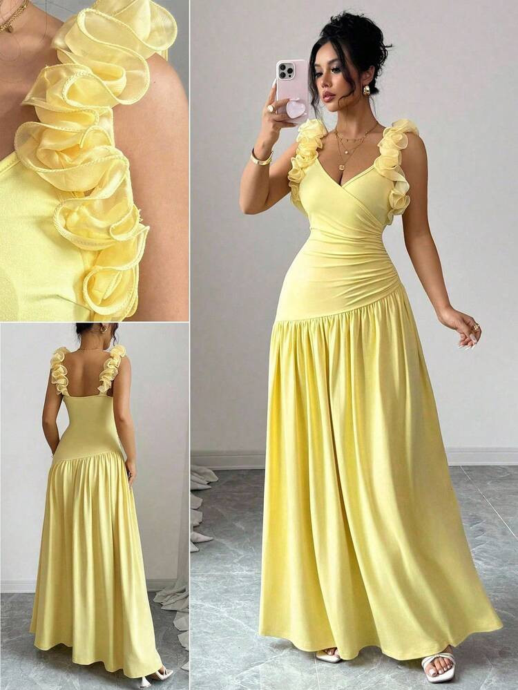 Elenzga Women's Elegant Cross V-Neck Cinched Waist Ruched Shoulder Floral Decor Dress, Cream Yell... | SHEIN