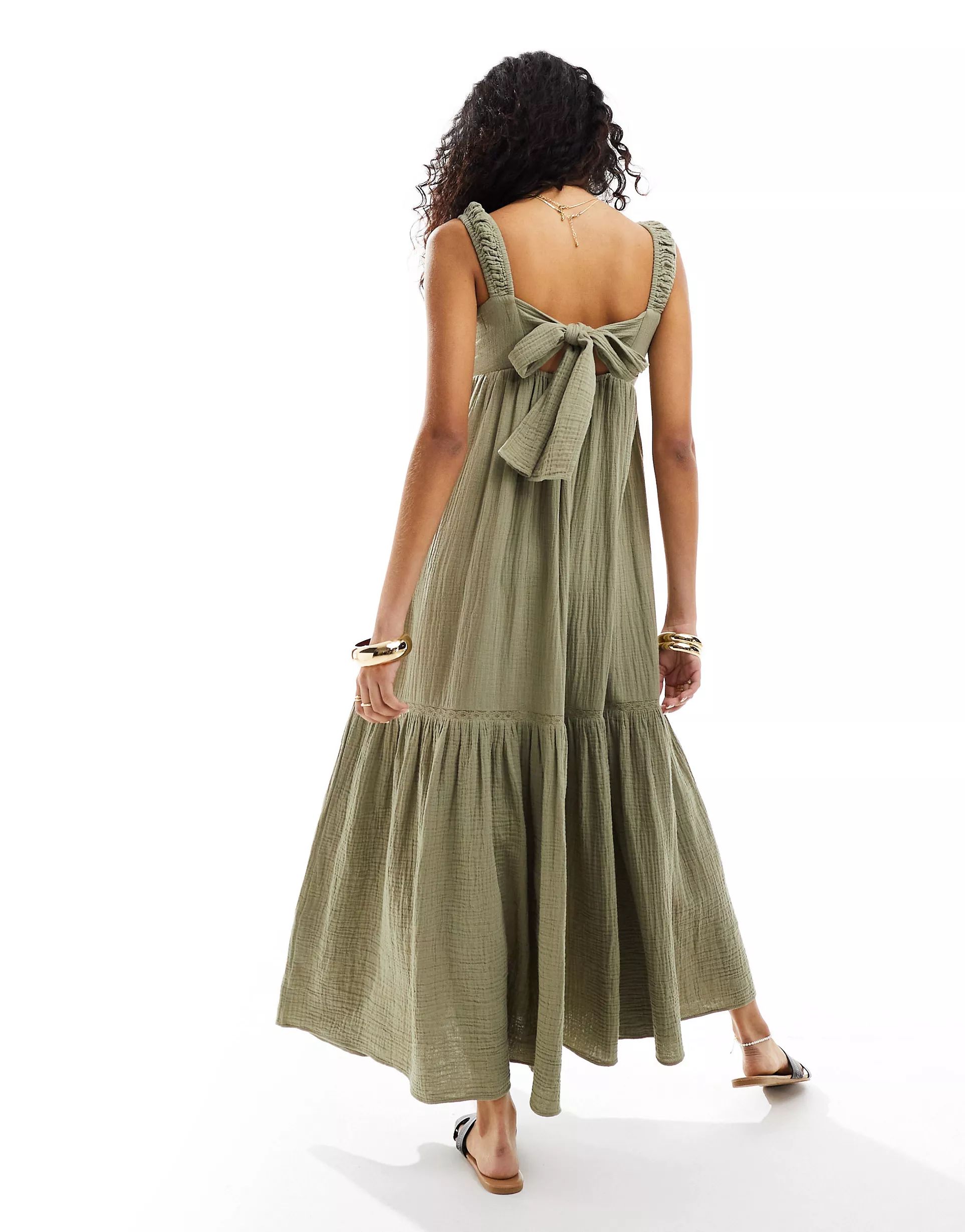 ASOS DESIGN double cloth shirred button up tie back maxi dress in sage | ASOS (Global)
