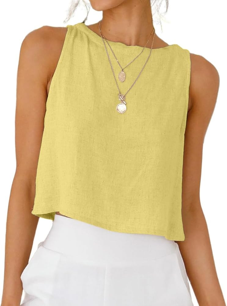 IDEALSANXUN Womens Linen Crop Tank Tops 2026 Spring Summer Beach Sleeveless Tops | Amazon (US)
