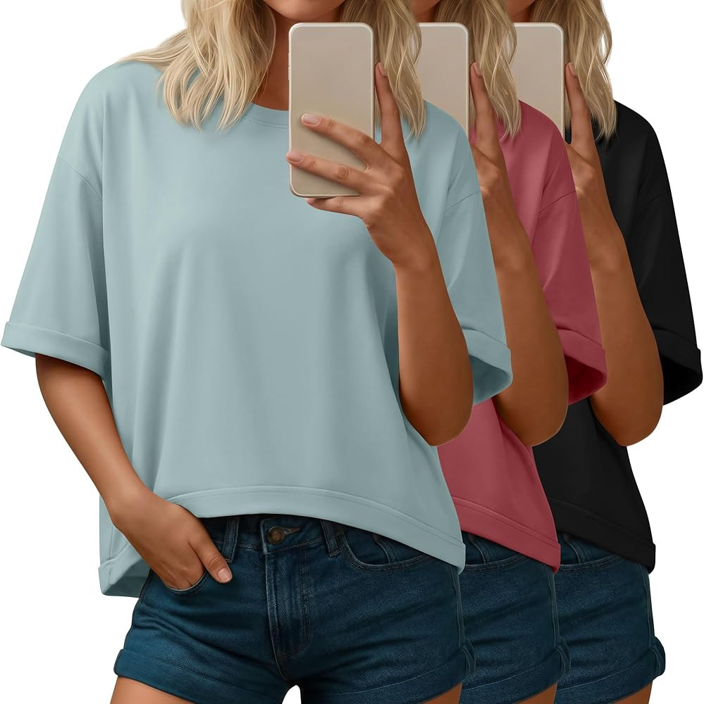 3 Pack Women's Oversized Cropped T Shirts Short Sleeve Loose Crew Neck Tops Baggy Summer Casual B... | Amazon (US)