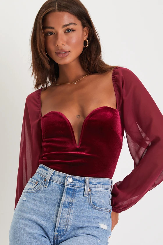 Chic Poise Wine Red Velvet Notched Balloon Sleeve Bodysuit | Lulus (US)