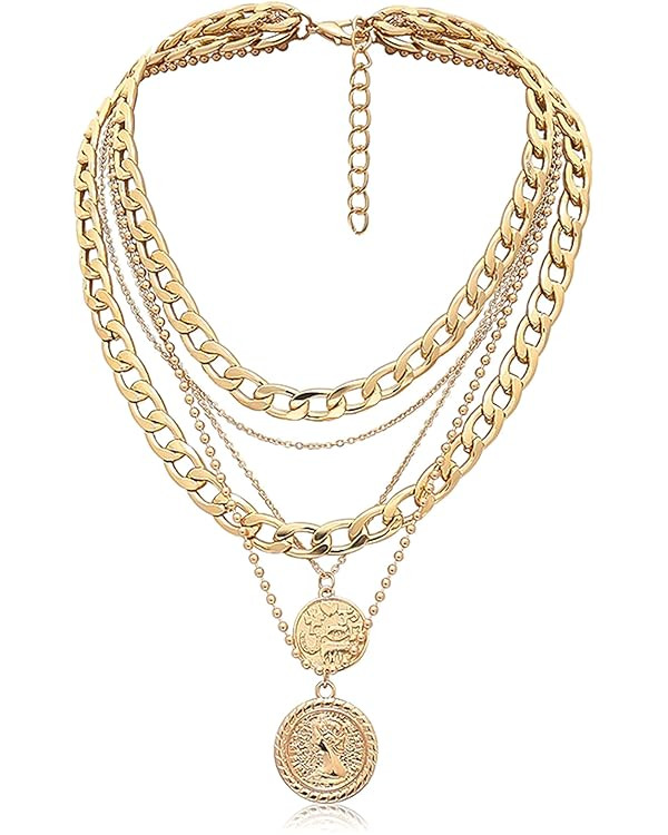 MJartoria Gold Layered Necklaces for Women Trendy Retro Coin Pendant Necklace Dainty Chunky Chain... | Amazon (US)