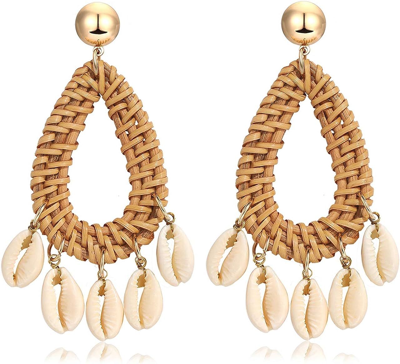 Rattan Shell Earrings Handmade Straw Wicker Braid Woven Drop Earrings Boho Cowrie Shell Chandelie... | Amazon (US)