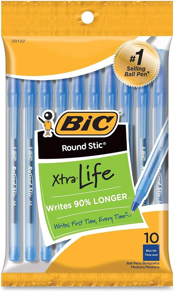 BIC Round Stic Ball Pens Stick, Blue, Medium Point, 10-Pack | Amazon (US)