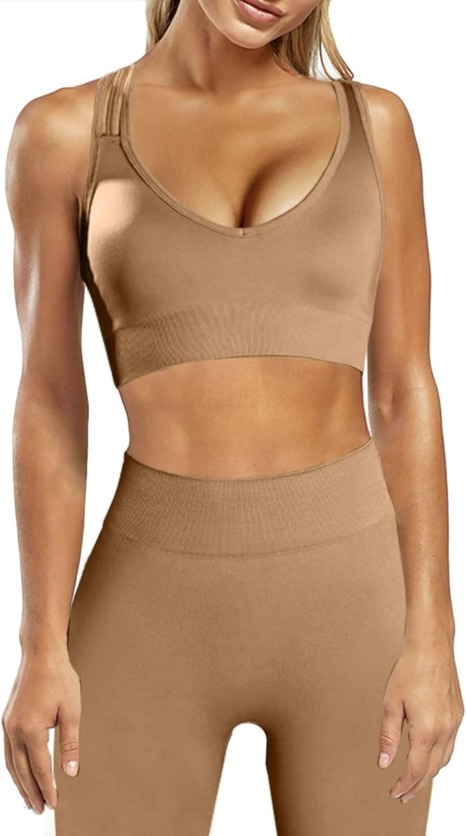 Seamless Workout Sets for Women Cross Strap Sport Bra Curved Waist Yoga Leggings Sets 2 Piece Gym... | Amazon (US)