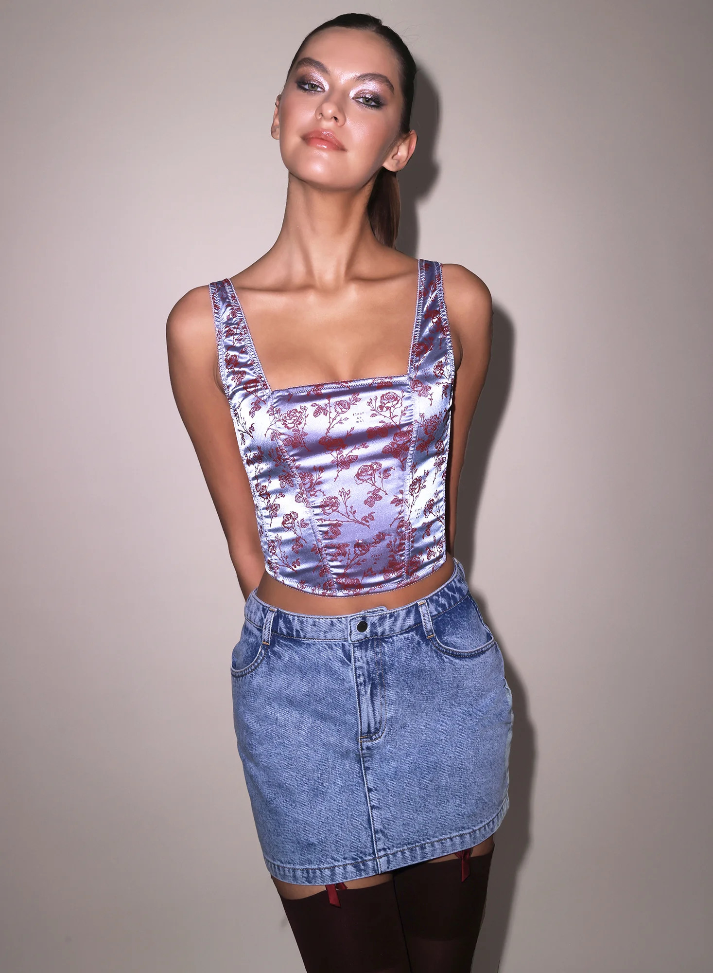 Blue Mist Rose Jacquard Corset Top | Fleur du Mal | Fleur du Mal