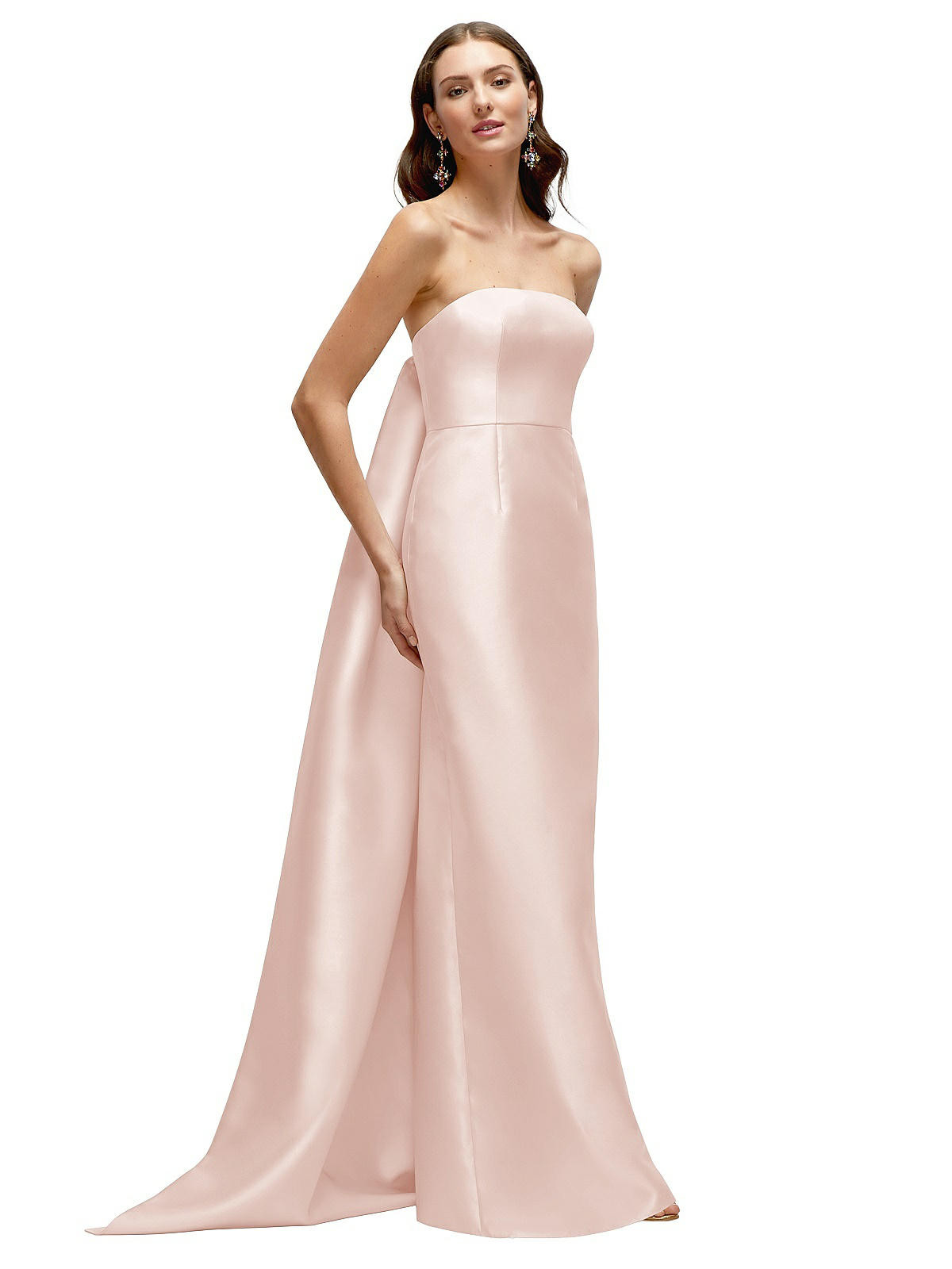 Strapless Satin Column Dress with Removeable Watteau Train in Blush | The Dessy Group