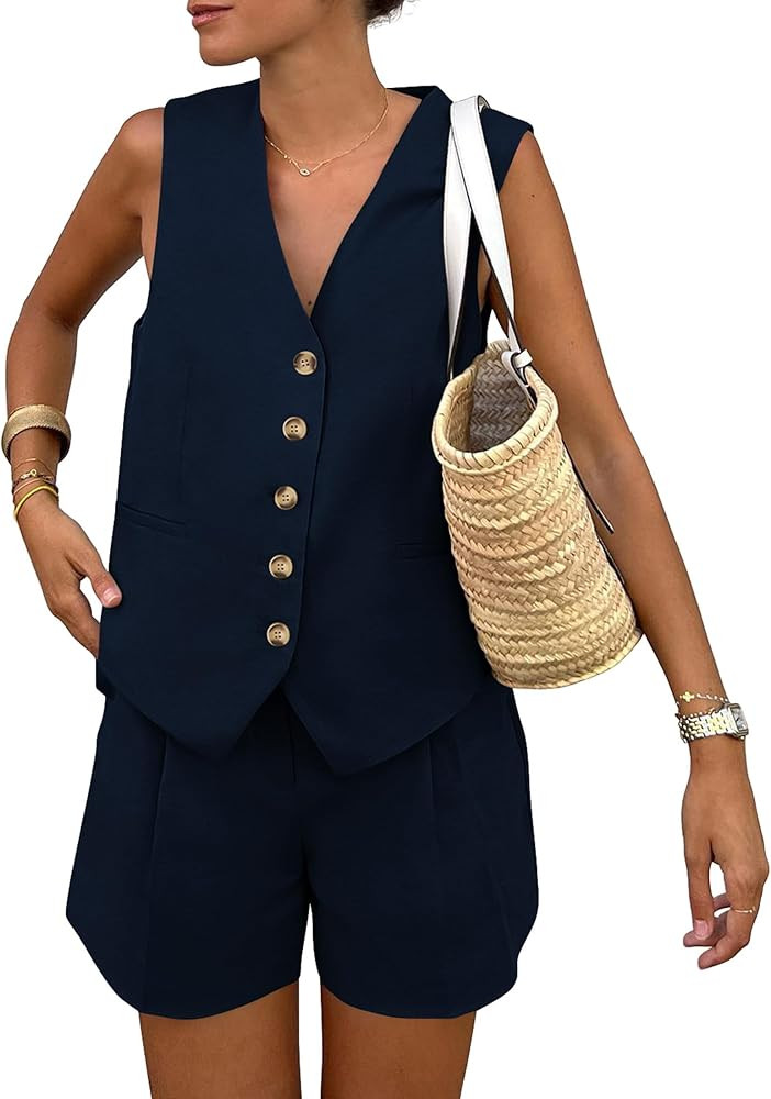PRETTYGARDEN Women's Summer 2 Piece Outfits Sleeveless Matching Sets Button Down V Neck Vest Wais... | Amazon (US)