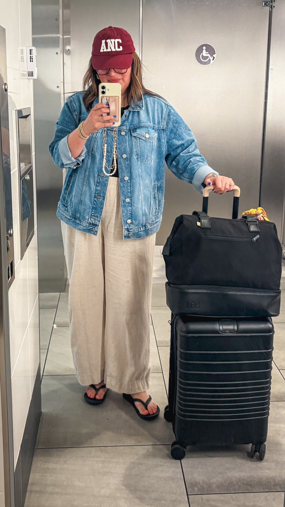 Today’s travel fit:
J. Crew factory denim jacket (XL)
Old navy tank (XL)
Old Navy linemen pants (L) 
Archies
Beis carry on and bag

#LTKOver40 #LTKMidsize #LTKTravel