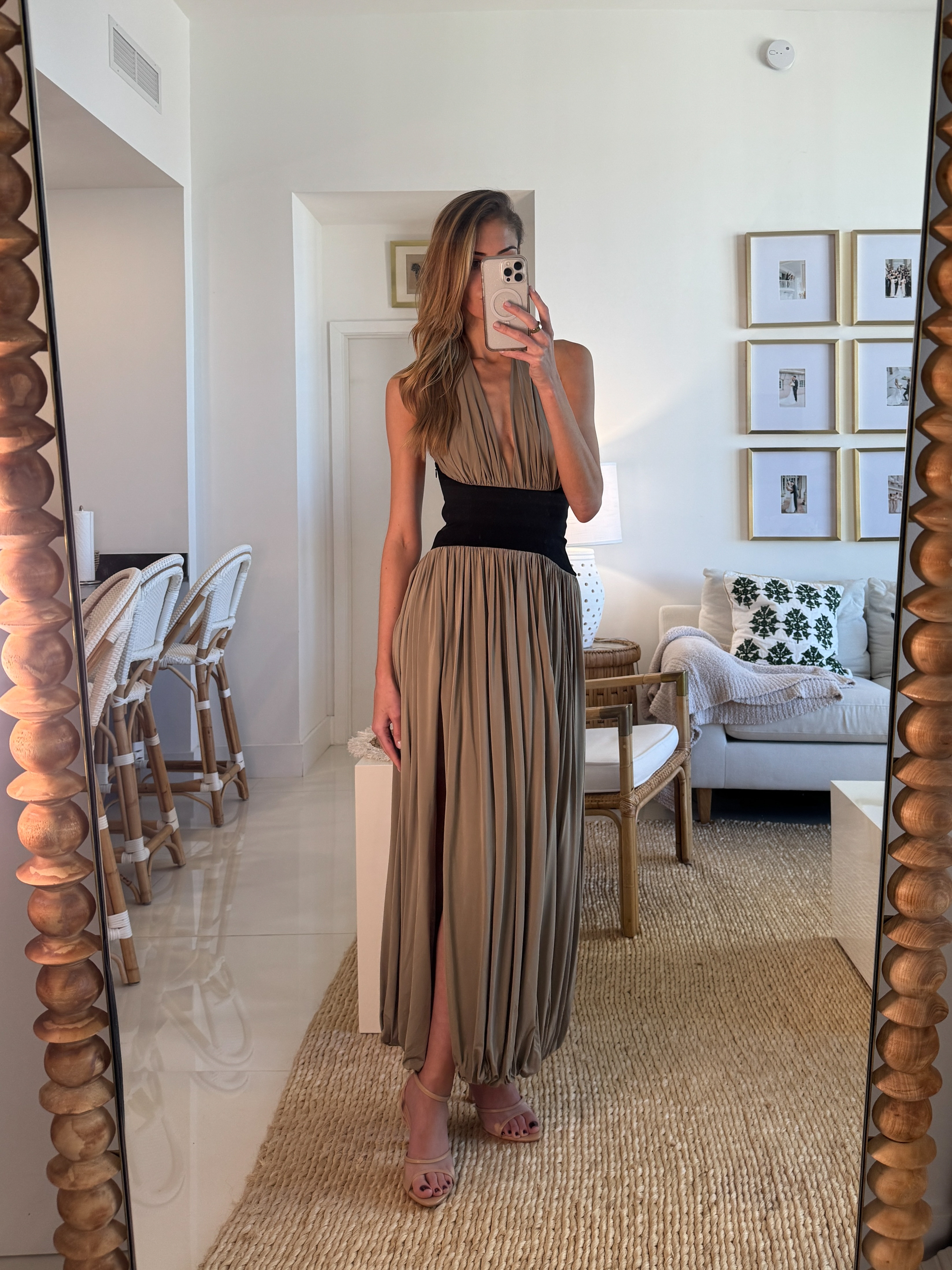 L’Academie by Marianna Reba Dress. 💫 Wearing a size XS. I’m 5’10” for reference. Tags: l’academie by marianna reba dress, tan maxi dress, pleated maxi dress, cinched waist maxi dress, plunge neck maxi dress, color block maxi dress, tan formal dress, tan wedding guest dress, summer wedding guest dress, gala dress, evening gown, grecian maxi dress, going out dress