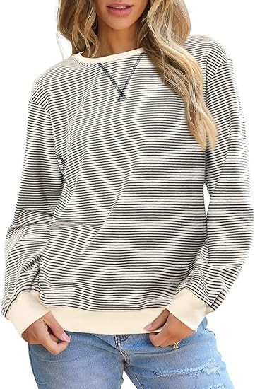 SHEWIN Womens Striped Sweatshirt Crewneck Casual Long Sleeve Pullover Tops Trendy 2025 | Amazon (US)