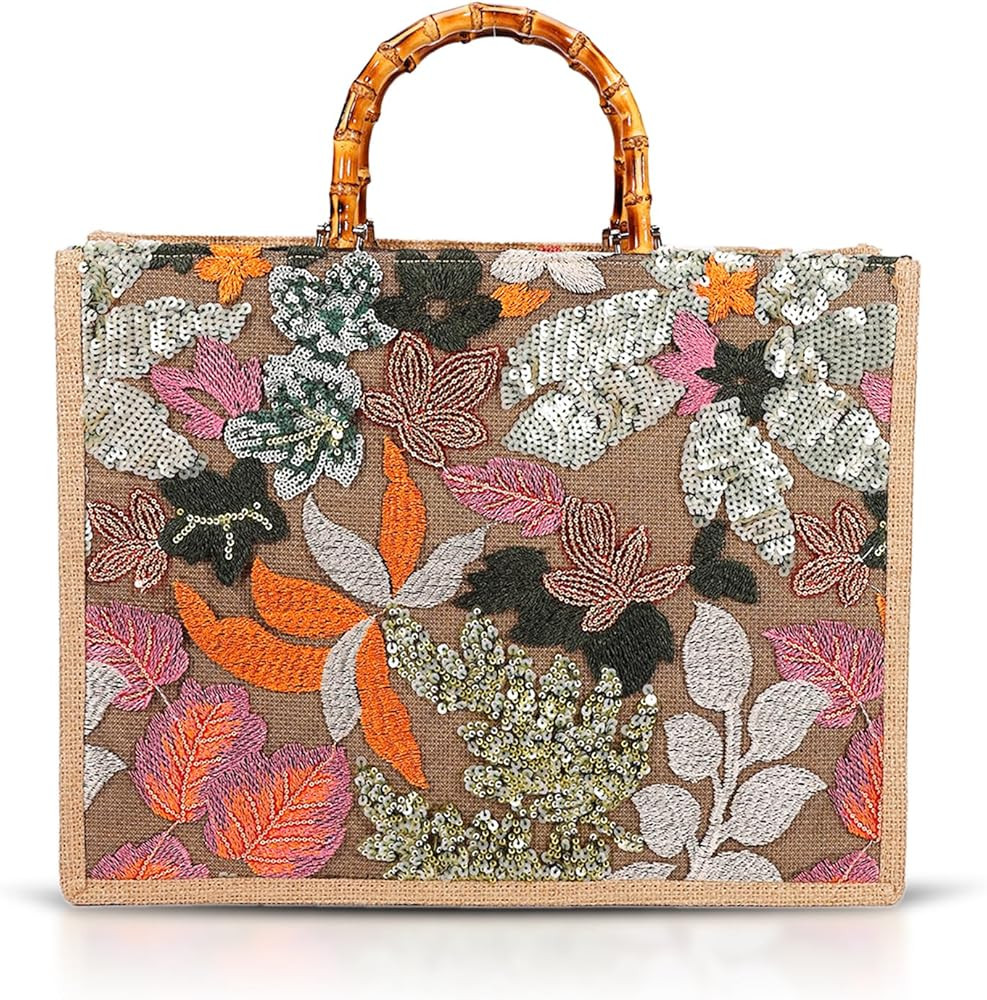 Tote Bag, Sackcloth Handbags for Women, Sequin Embroidery Beach Bags, Natural Bamboo Handle, Bohe... | Amazon (US)
