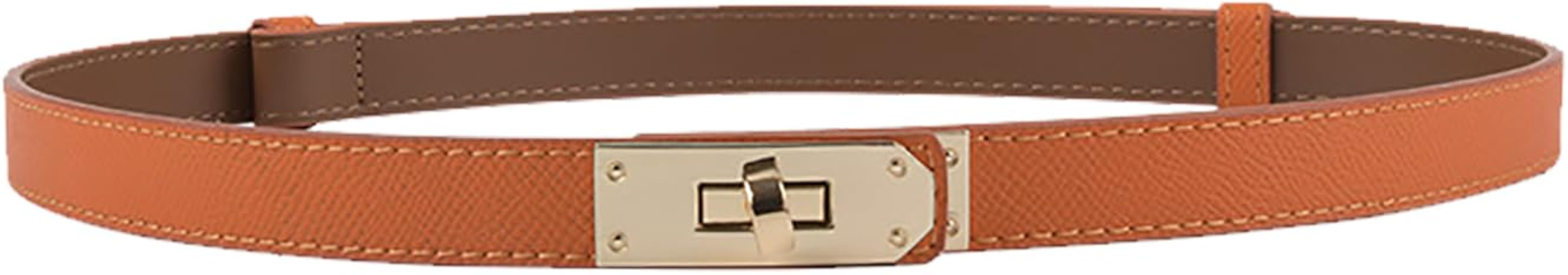 Women's Skinny Leather Belt with Adjustable Silver Turn-Lock Buckle - Ideal for Dresses, Jeans, a... | Amazon (US)