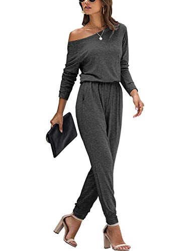 STOLKISS Women’s One Shoulder Jumpsuits Long Sleeve Drawstring Elastic Waist Long Pants Jumpsuit Rompers with Pockets Grey | Amazon (US)